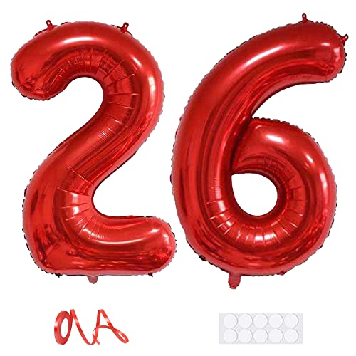 Xihuimay Ballons numériques en forme de chiffre 26 - 101,6 cm - Ballons à hélium - Ballons pour anniversaire Fournitures de fête d'anniversaire mariage enterrement de vie jeune fille Numéro 26 Rouge Cover