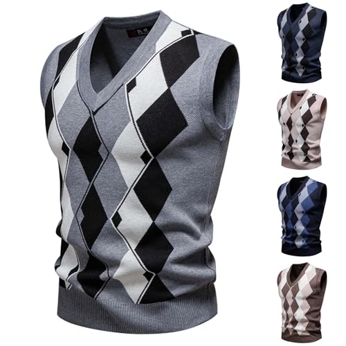 Cambkatl Men's Preppy Style Sweater Vest, Vintage Argyle Graphic V-Neck Sleeveless Pullover 2025 Fall Casual Knitwear2