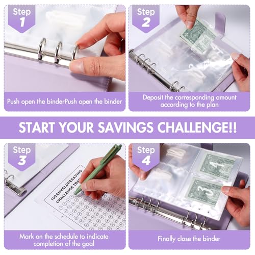 ALLOMN 100 Briefumschläge, A5 Geldsparung Geldordner Organizer Geldsparmappe mit transparenten Geldumschlägen und Magnetknopf für Paare, Büros, Zuhause, Schule (Violett)