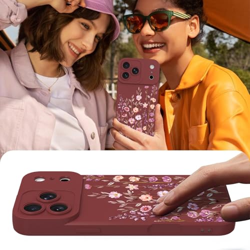 Image of Designed for iPhone 17 Pro Case Flower for Women, Wine Red | Cute Floral Pattern Liquid Silicone Phone Case [Full Camera Protection] Slim Soft TPU Protective Cover