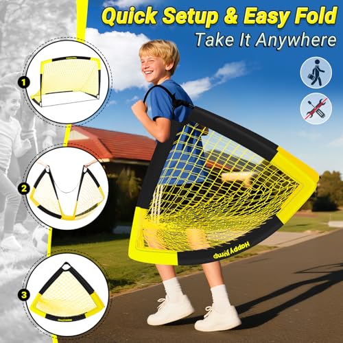 Happy Jump Pop-Up Fußballtore – 152x110 cm, 2 Tore, Schwarz Gelb mit Ball, Pumpe, Hütchen & Zielscheibe | Komplettes Training-Set für Garten & Familie