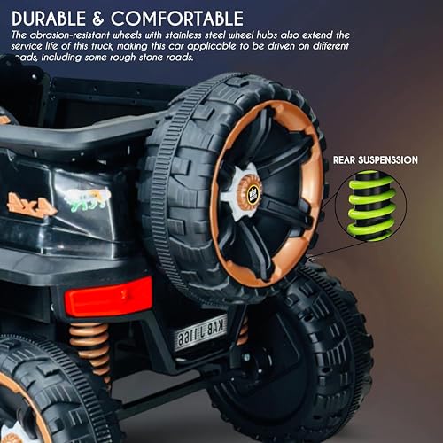 Image of Wishmaster Kids Battery Operated Car, Big Size 1166 Model, 4 Motor Ride-On EV for Boys & Girls 1-10 Years | Remote + Steering + Mobile App | Bluetooth Music | Black & Gold Kids Electric Jeep