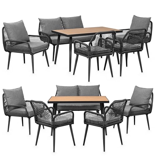 Swing&Harmonie® Gartenmöbel Lounge-Set „Sienna“ – Sitzgruppe mit Tisch, Sofa, Sesseln & Stühlen – wetterfest – Seilgeflecht – WPC-Tischplatte – Outdoor Essgruppe (anthrazit/grau, 6 Personen)