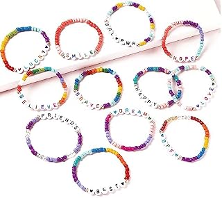 Haqatr 12pcs Friendship Bracelets for Girls,Alphabet Word Bracelets for Girls Bead Woven Stretch Friendship Bracelets for Girls,Beaded Letter Bracelets for Girls,Birthday Party Bracelet Accessories