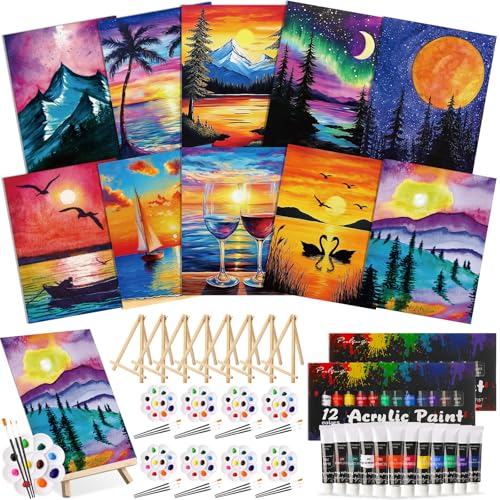 Ctosree 72 Pcs Colorful Sky Paint and Sip Kit for Adults 8 x 10 Pre Drawn Canvas for Painting DIY Pre Printed Canvas for Party Favor Afro Acrylic Painting Kit Wood Easel Brushes Date Night Bulk