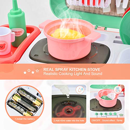 SHAWE Kids Kitchen Playset Toys 30 Pieces Pretend Play Chef Cooking Kitchen Set,Portable Basket Toy with Musics,Lights,Spray,Play Foods,Sink,Pretend Play Oven,Kitchen Accessories Toys for Boys Girls