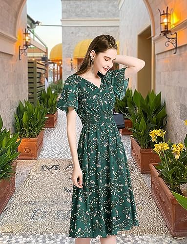 Image of Gardenwed Chiffon Floral Dresses Summer Midi Wedding Guest Dress V Neck for Women Elastic Waist