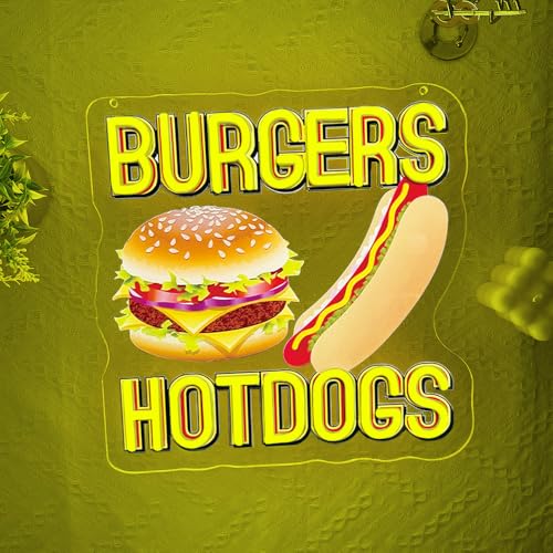 Image of Hot Dogs Burgers Neon Signs for Wall Decor,Hot Dogs Led Neon Sign Party Decorations,Dimmable Hamburger Led Lights Sign for Business Food Restaurant Bar Birthday Party Decor,Hot Dog Shop Decor