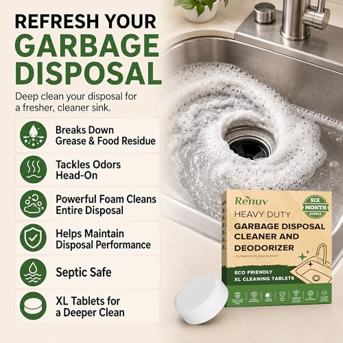 Image of Renuv Garbage Disposal Cleaner and Deodorizer Tablets, 6 XL Tablets | Foaming Citrus Scent, Drain Freshener, Kitchen Sink Odor Refresher For Garbage Disposer Cleaning