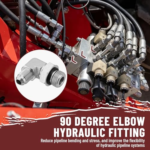 Image of 5 Pack 90 Degree Elbow Hydraulic Adapter Fittings: 3 /8 inch JIC 37 Male x #8 SAE /ORB Male, Hydraulic End Connectors with Protection Cover - 6801-06-08