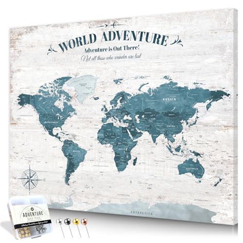 Image of IPIC - Antique Blue World Travel Map, Pin Board Canvas Wall Art, Travel Map with Pins Included, Ready to Hang for Home or Office, 30x24 Inch