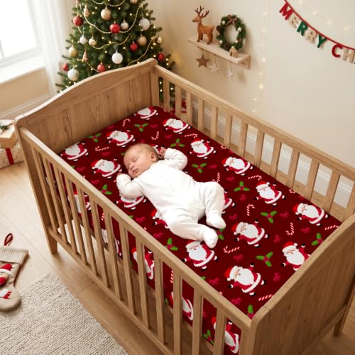 Image of JISEN Christmas Fitted Crib Sheets for Boys Girls 52x28 Inch Santa Red