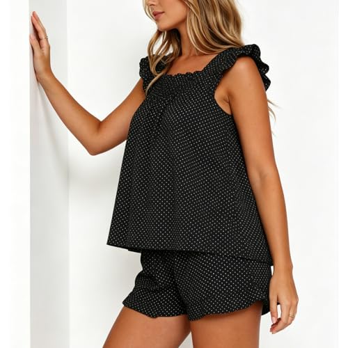 Image of SOOKABEILA Women 2 Piece Lounge Set Sleeveless Striped Cami Peplum Top Boxer Shorts Loose Ruffle Matching Pj Sets Outfits