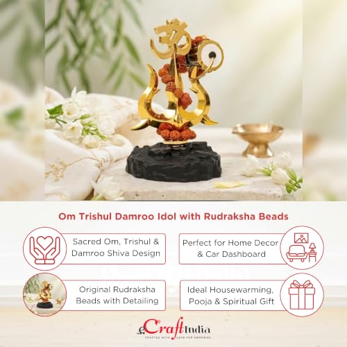 Image of eCraftIndia Trishul Damroo Idol with Original Rudraksha Beads | Lord Shiva Symbol Murti for Car Dashboard, Home Decor & Office Table | Spiritual Gift for Pooja, Housewarming & Festive Use