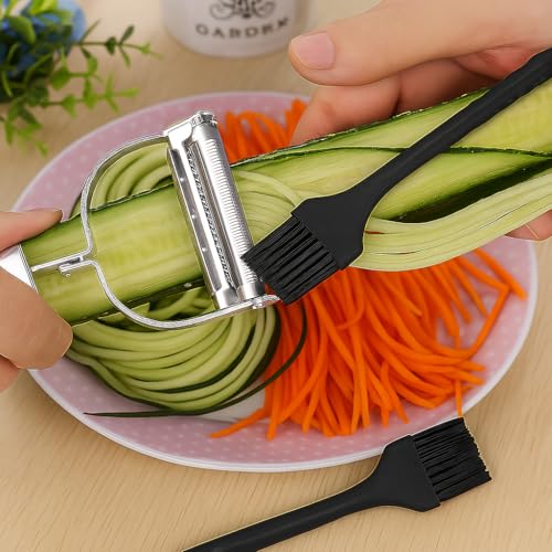 Image of Sunkuka 2-in-1 Stainless Steel Vegetable Peeler & Julienne Slicer with Cleaning Brush- Durable Julienne Cutter for Carrots & Zucchini Noodles - Multi-Functional Fruit & Veggie Shredder Peeler Tool