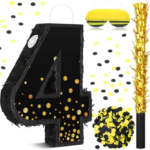 Poen Number 3 4 5 6 Piñata Decorations Black and Gold Jumbo Number Piñata with Blindfold Stick Confetti and Eye Mask for Birthday Party Anniversary Graduation Retirement Supplies(Number 4)