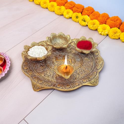 Image of KridayKraft Metal Pooja Thali with Diya for Pooja Home /Temple /Mandir,Decorative Showpiece Pooja Thali Set for Diwali Poojan Wedding Gift Article