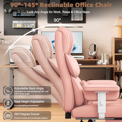 Image of Vonesse Office Chair, Desk Chair with Soft Adjustable Armrests, Executive Computer Chairs with Lumbar Support, High Back Gaming Chair with Footrest (PU Leather, Pink)