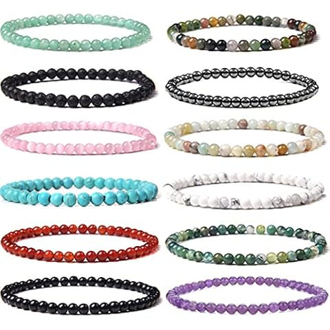 SONNYX 12 Pieces 4mm Mini Gemstone Bracelets for Women Men Natural Stone Bracelets Handmade Crystal Beaded Stretch Bracelet Unisex Couple Bracelets Cover