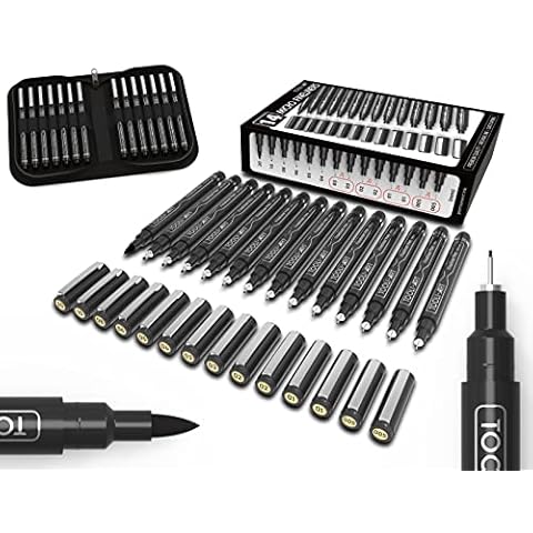 Micro-Line 14 Pens With Case, Fineliner, Multiliner, Archival Ink, Waterproof, Journaling, Illustration, Architecture, Technical Drawing, Outlining, Scrapbooking, Manga, Writing, Rock Painting Black Cover