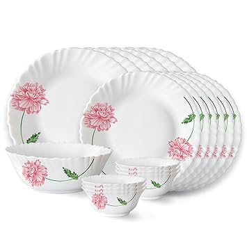 Red Mist Fluted Series Opalware Dinner Set | 19 Pieces for Family of 6 | Microwave & Dishwasher Safe | Bone-Ash Free | Crockery Set for Dining & Gifting | Plates & Bowls | White