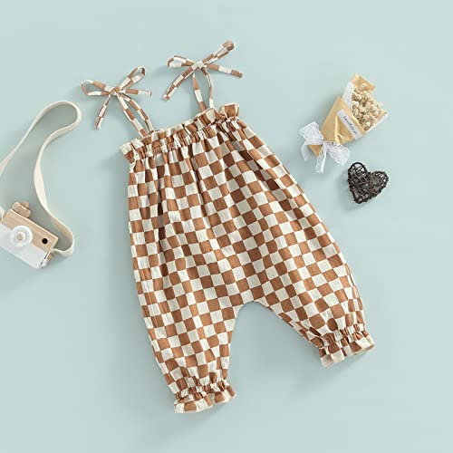 Newborn Baby Girls Checkerboard Plaid Jumpsuit One Piece Sleeveless Strap Romper Jumpsuit Harem Pant Summer Outfits (Brown, 6-12 Months) #TOP3