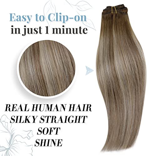 RUNATURE Hair Extensions Clip in 12 Inch Clip in Hair Extensions Real Human Hair Brown Ombre Blonde Full Head Straight Remy Hair 80 Gram 7PCS #3/8/22 - Image 3