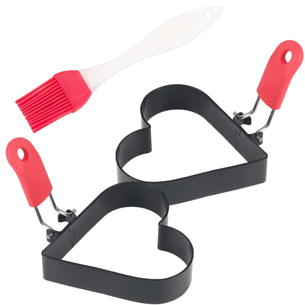 3.5 Inch Egg Ring with Foldable Handle, Stainless Steel Heart Shaped Egg Rings for Frying Eggs, English Muffins, Cooking Breakfast Sandwich Burger, 2 Pack