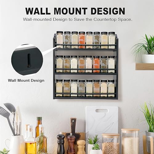 Image of 3-Tier Bamboo Spice Rack, Wall Mount & Countertop Spice Organizer | Seasoning Jars Rack Shelf Spice Organizer for Kitchen, Spice Storage Holder with handles, Front and Rear Protective Design