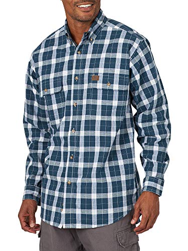 Wrangler Riggs Workwear Men's Long Sleeve Foreman Plaid Workshirt, Navy, Large