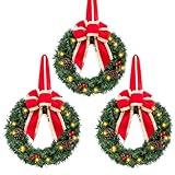 JOIEDOMI 3 Pack 20" Cordless Christmas Pre-Lit Artificial Wreaths with Red Bow, Pine Cones, Berries, Frosted Branches, 20 Warm Lights for Home Front Door Wall Xmas Christmas Decorations
