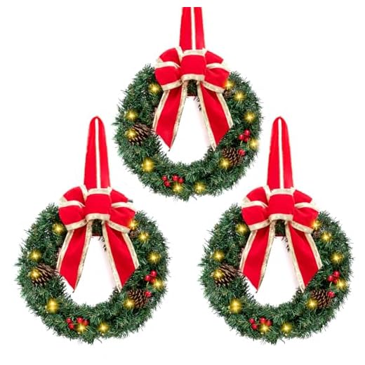 JOIEDOMI 3 Pack 20" Cordless Christmas Pre-Lit Artificial Wreaths with Red Bow, Pine Cones, Berries, Frosted Branches, 20 Warm Lights for Home Front Door Wall Xmas Christmas Decorations
