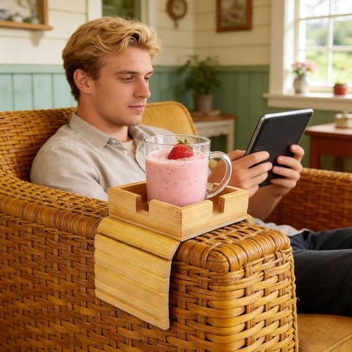 Bandeja para brazo de sofá de madera con soporte para vasos mesa plegable 5