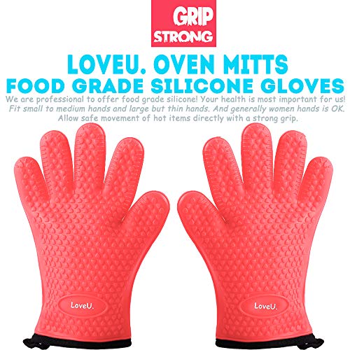 Image of Kitchen Oven Gloves - Dual-Layer Heat Resistant Grilling Gloves, Silicone Oven Mitts with 5 Fingers, Waterproof Non-Slip Pot Holder for Barbecue, Cooking, Baking (XL-XXXL, Red)