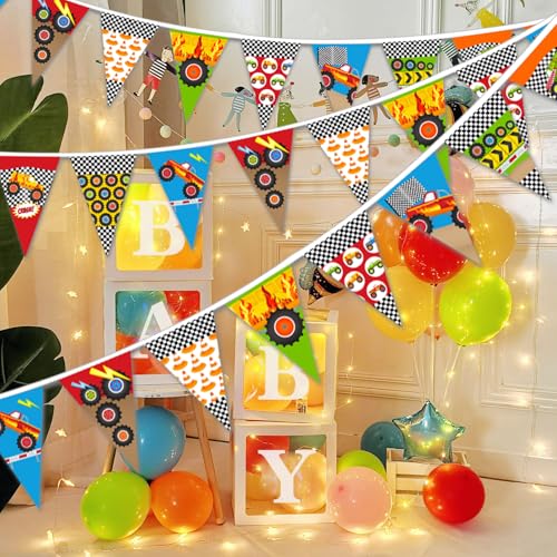 Image of Monster and Truck Party Banner, Race Car Themed String Flags, Car Racing Party Decorations Hanging Decors for Birthday Baby Shower Racing-themed Party Supplies