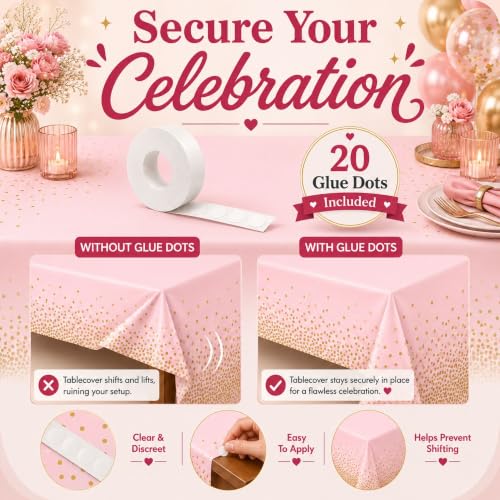 Image of Blue Orchards Pink and Gold Dots Table Cover (Pack of 3 with 20 glue dots) - 54 inchx108 inch XL - Baby and Bridal Shower Disposable Tablecloth, Wedding, Graduation Decoration, Picnic, Birthday Party Supplies