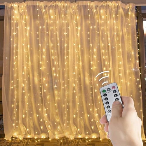 Window Curtain Lights, 600 Led 20 Feet Dimmable with Remote to Set 8 Lighting Modes and Timer for Bedroom Wall Wedding Decorate String Lights, Warm White