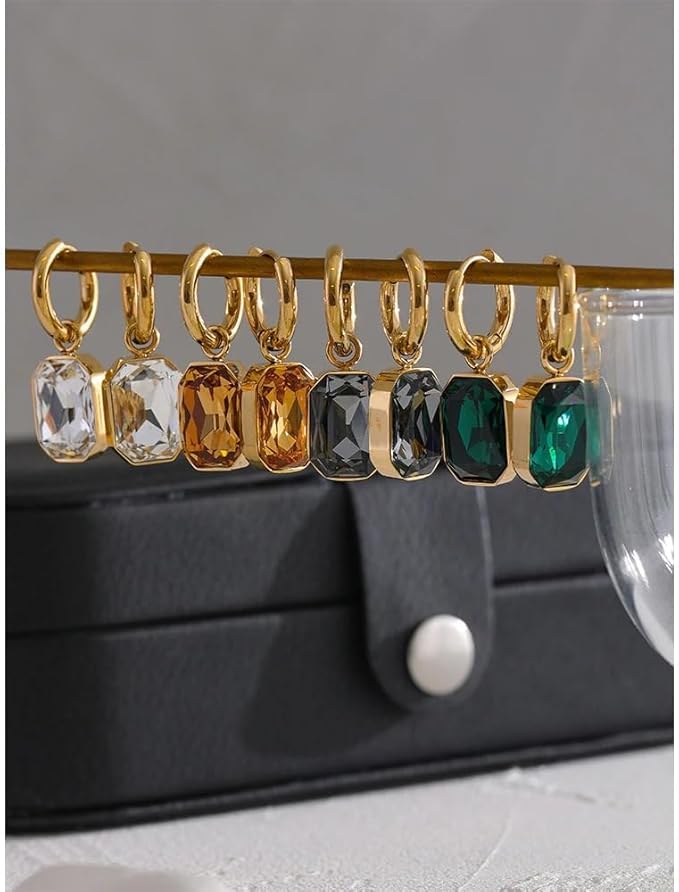 Image of El Regalo Stainless Steel Rectangular Cut Rhinestone Hoop Earrings - Elegant 18K Gold Plated Waterproof Vintage-Inspired Cubic Zirconia Huggie Hoops for Women