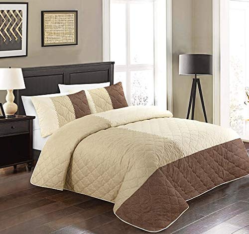 R&Z Luxury Quilted Bedspread Set Bed 3 Piece Throw Comfy 100% Polycotton King (Suede Patch Chocolate, King 240x260cm)