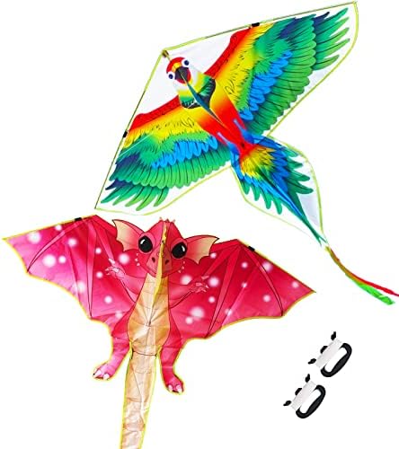 Kaidenic 2 Pack Kites Parrot and Dragon Kites Easy to Fly with Flying Lines for Kids and Adults
