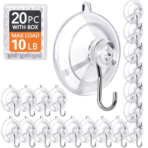 Image of KORCCI Suction Cup Hooks 20Pack - Max Load 10LB, No Trace, Reusable & Removable, 1.77Inch Clear Medium Suction Cups, Stainless Steel Hooks, for Tile, Glass, Window, Shower, Kitchen, Bathroom, Decor