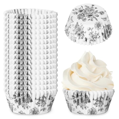 JarThenaAMCS 600Pcs Black Floral Cupcake Liners Chinoiserie Flower Cupcake Wrappers Paper Disposable Decorative Muffin Brownie Cups for Baking Party Supplies