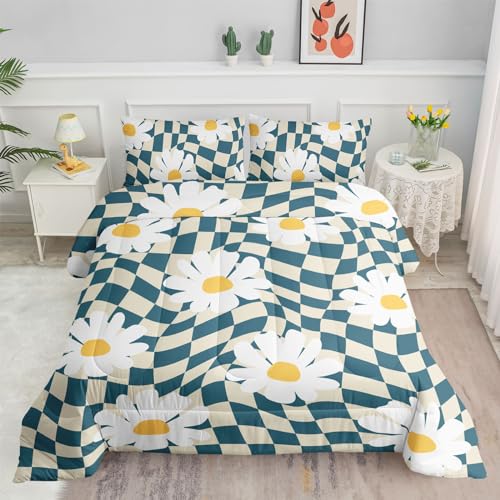 Image of Kids Comforter Set Checkerboard Daisy Printed Pattern Bedding Set with 1 Comforter and 2 Pillowcases for Girls Boys Bedroom All Season(Checkerboard Daisy Twin)