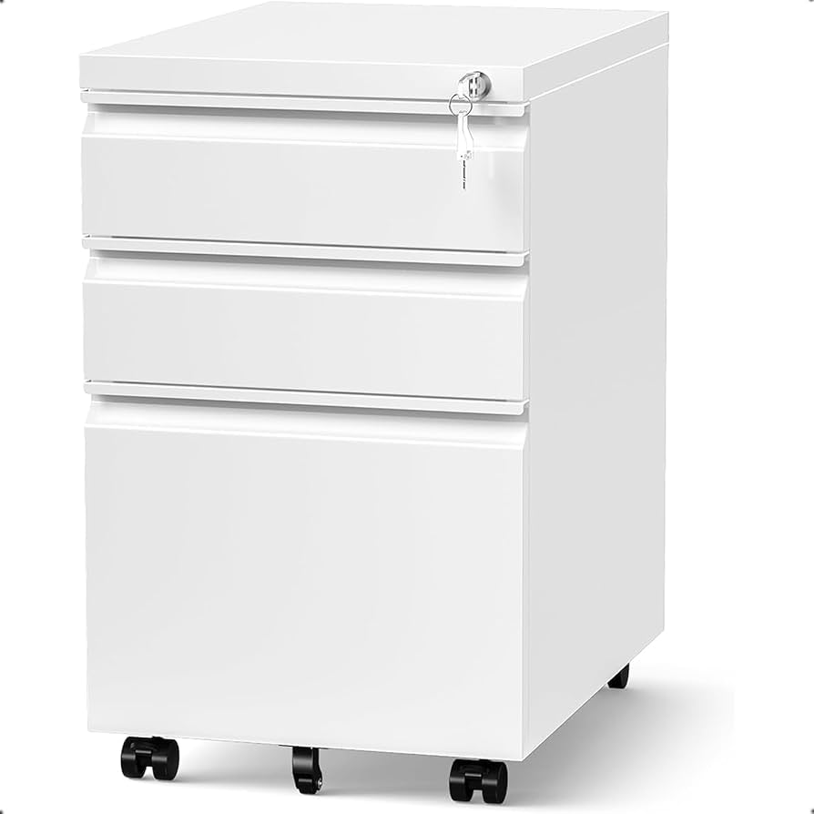 3 Drawer Filing Cabinet with Lock, File Cabinets for Home Office, Locking File Cabinet, Under Desk Mobile File Cabinet for A4-Size/Letter-Size/Legal-Size, White