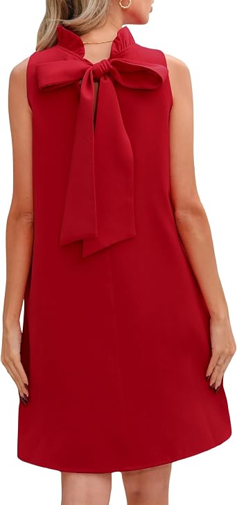 Kedera Womens Summer Casual Mini Dress Ruffle Mock Neck Sleeveless Loose Dress Swing Solid Shift Dress with Bow