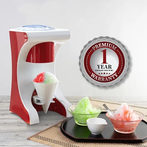 Image of OVENTE Shaved Ice Snow Cone Machine with Reusable Plastic Cup, Non-Slip Mat and Stainless Steel Blade, Kitchen Countertop Slushie Machine for Homemade Snowballs, Frozen Cocktails & More, Red ICR1505R