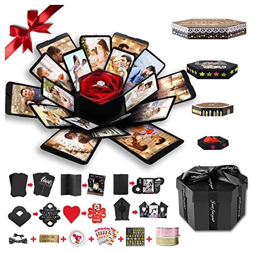 Wanateber Explosion Box, DIY Explosion Gift Box with 6 Faces, Main Part Assembled Handmade Photo Box for Birthday Gift, Anniversary, Valentine's Day, Wedding (Black)