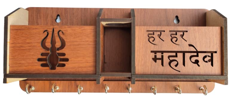 Image of Premium Har Har Mahadev Multipurpose Wooden Key Holder, Key Hanging For Wall Home, Living Room, Office Decor Key Holder Trishul Design Key Holder With Stainless Steel 8 Hooks Gift Item
