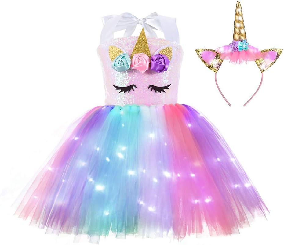 Zerenfy Lighted Unicorn Costumes for Girls Halloween Birthday Party Decorations Outfit Gifts LED Princess Tutu Dress