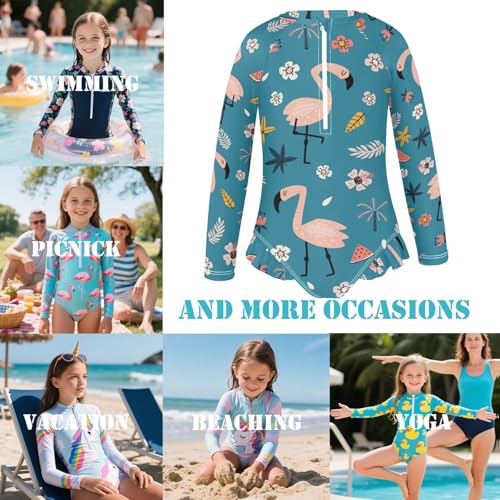 Girls Long Sleeve One Piece Swimsuits UPF 50+ Rashguard Bathing Suits Light Pink Flamingo Tropical Plant Fruit Blue3
